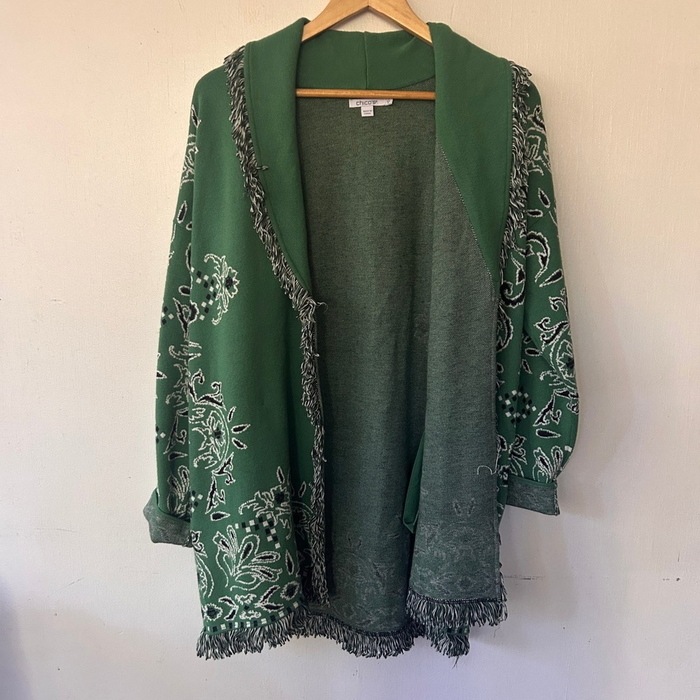 Chicos Cardigan Womens Medium Green Paisley Fringe Open Front Boho Sweater